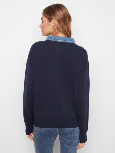 Denim collar contrasts beautifully against the deep navy fabric of this relaxed fit sweater. Perfectly stylish by Charlie B.