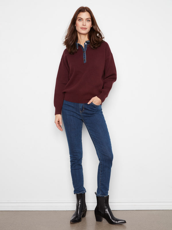 Denim Trim Polo Sweater - Merlot