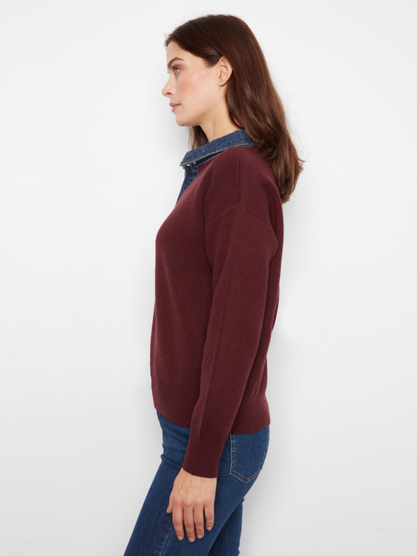 Denim Trim Polo Sweater - Merlot