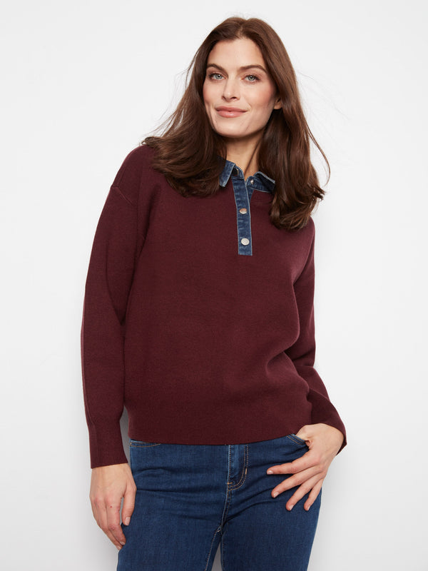 Denim Trim Polo Sweater - Merlot