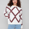 White sweater showcasing a cabernet diamond pattern and crew neck, with a stylish drop shoulder design by Charlie B.