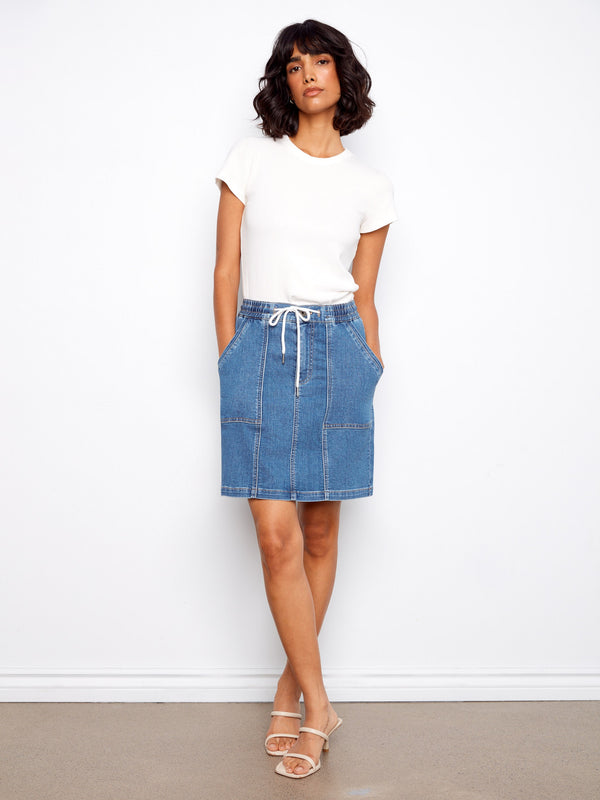 Drawstring Denim Skort With Patch Pockets - Soft Blue