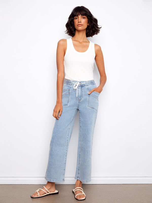 Drawstring Wide Leg Denim Pants - Soft Blue