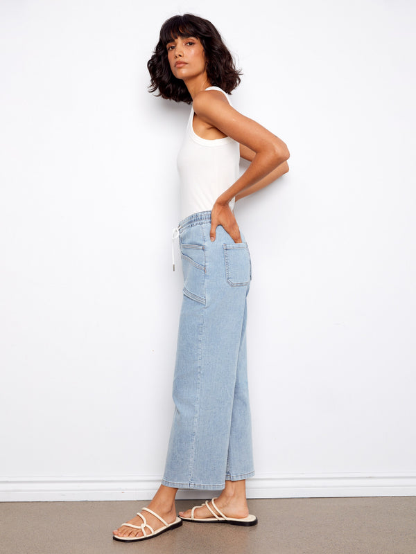 Drawstring Wide Leg Denim Pants - Soft Blue