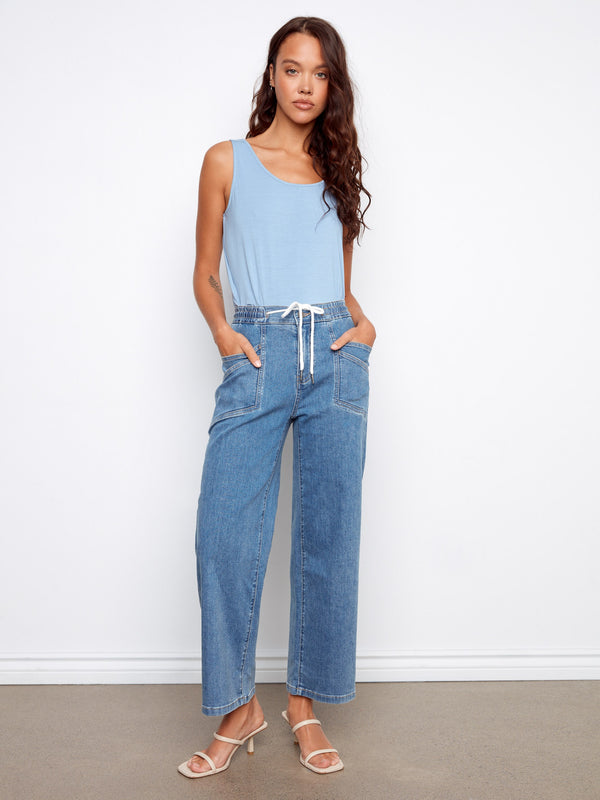 Drawstring Wide Leg Denim Pants - Vintage Blue
