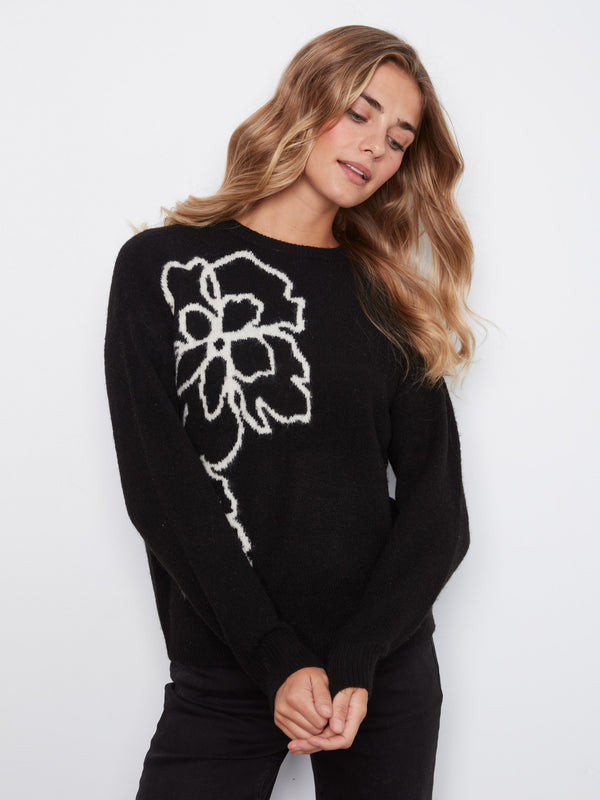 Drop Shoulder Floral Crew Neck Sweater - Black