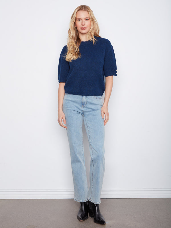 Elbow Sleeve Sweater With Button Detail - Cobalt