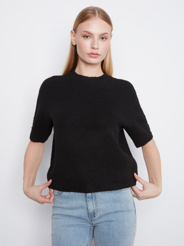 Black sweater with soft brushed knit and elbow-length sleeves by Charlie B.