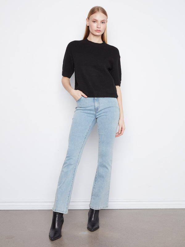 Elbow Sleeve Sweater With Button Detail - Black
