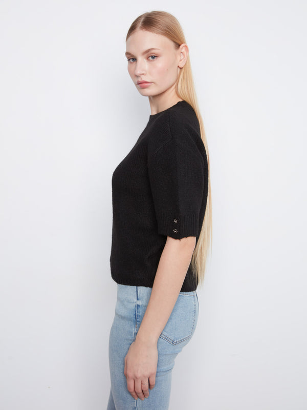 Elbow Sleeve Sweater With Button Detail - Black
