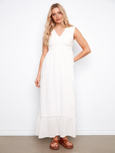 Natural sleeveless maxi dress featuring a V-neckline and intricate embroidered detail by Charlie B.
