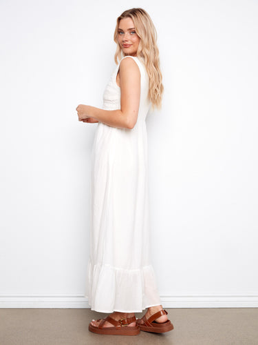 Chic natural maxi dress showcasing an embroidered bodice and timeless V-neckline by Charlie B.