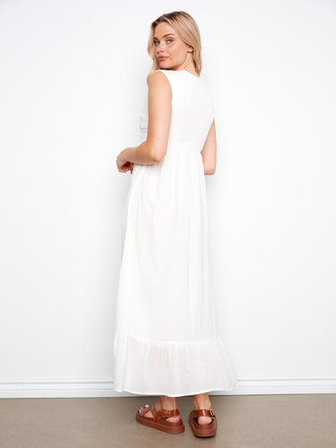 Stylish natural sleeveless dress in a flattering maxi length with detailed embroidery by Charlie B.