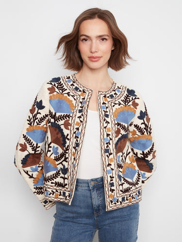 Embroidered cotton jacket with a relaxed fit, showcasing a vibrant floral pattern for an elegant touch by Charlie B.