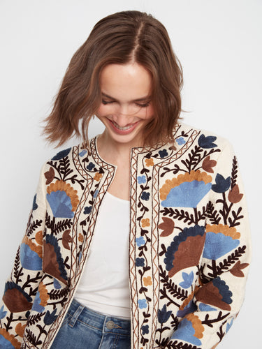 This collarless style jacket stands out with its detailed embroidery and luxurious basketweave texture by Charlie B.