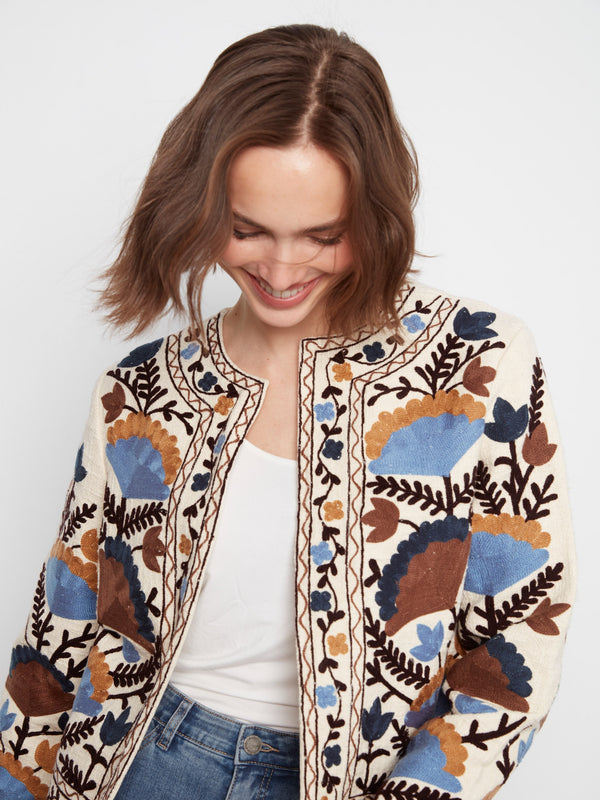 Embroidered Cotton Open Front Jacket - Autumnal