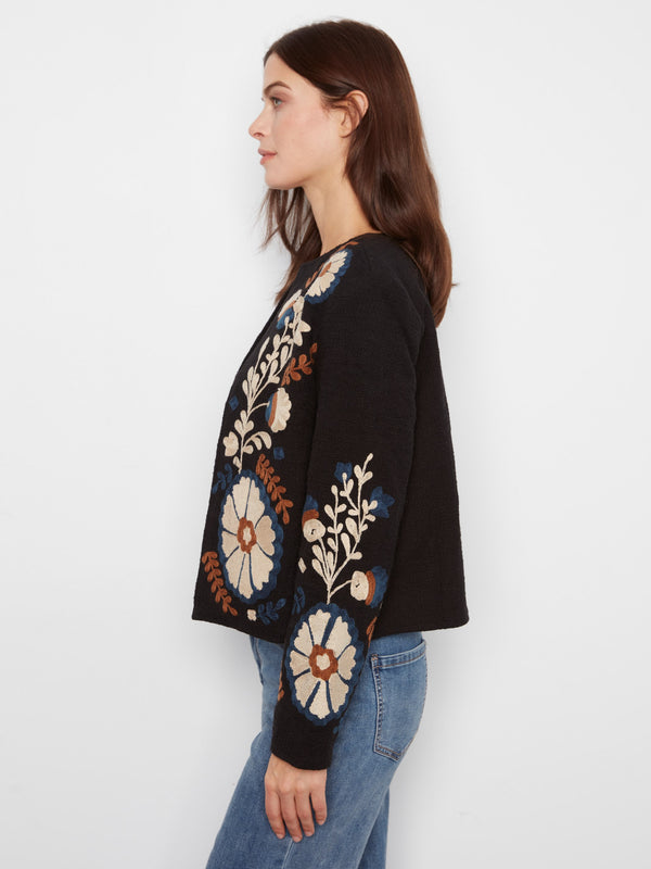 Embroidered Cotton Open Front Jacket - Poem