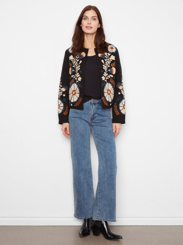Embroidered Cotton Open Front Jacket - Poem