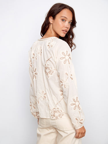 Chic women's blouse with raglan sleeves and exquisite floral embroidery in soft ecru cotton fabric for ultimate comfort by Charlie B.