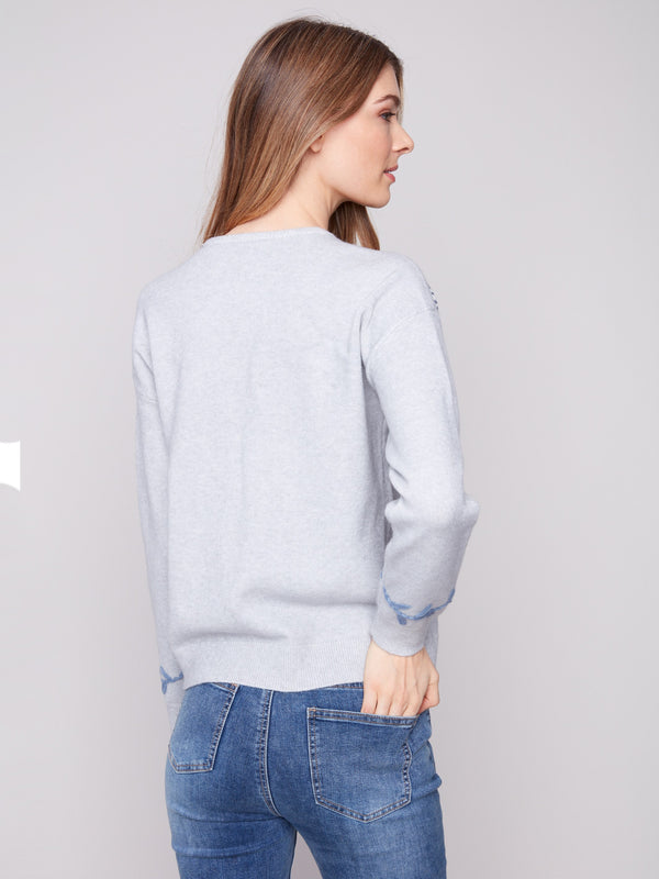 Heather grey sweater combines comfort of a crew neck with beautiful floral embroidery accents by Charlie B.