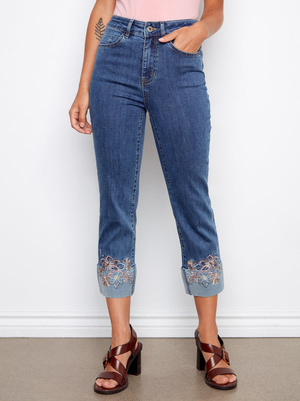 Cropped denim pants in medium blue with a regular rise and stylish embroidered cuffs by Charlie B.