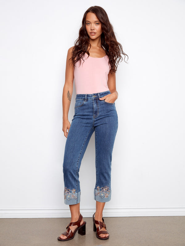 Embroidered Cuff Cropped Jeans - Medium Blue