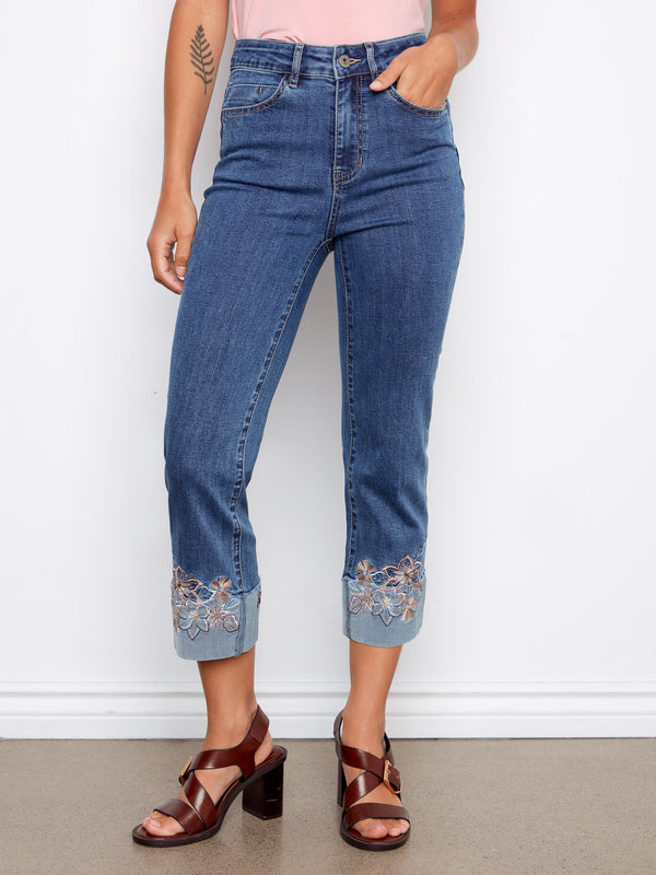 Embroidered Cuff Cropped Jeans - Medium Blue