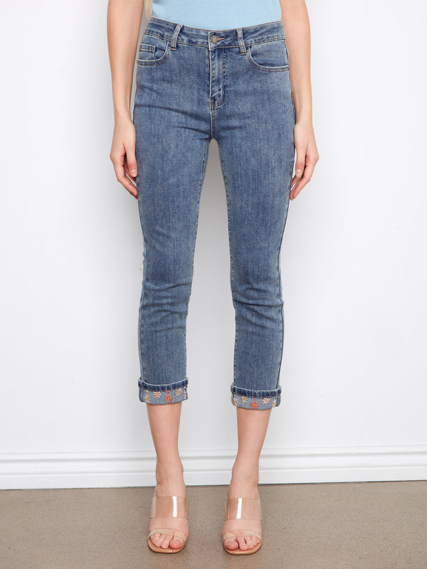 Embroidered Cuff Cropped Slim Leg Jeans - Medium Blue
