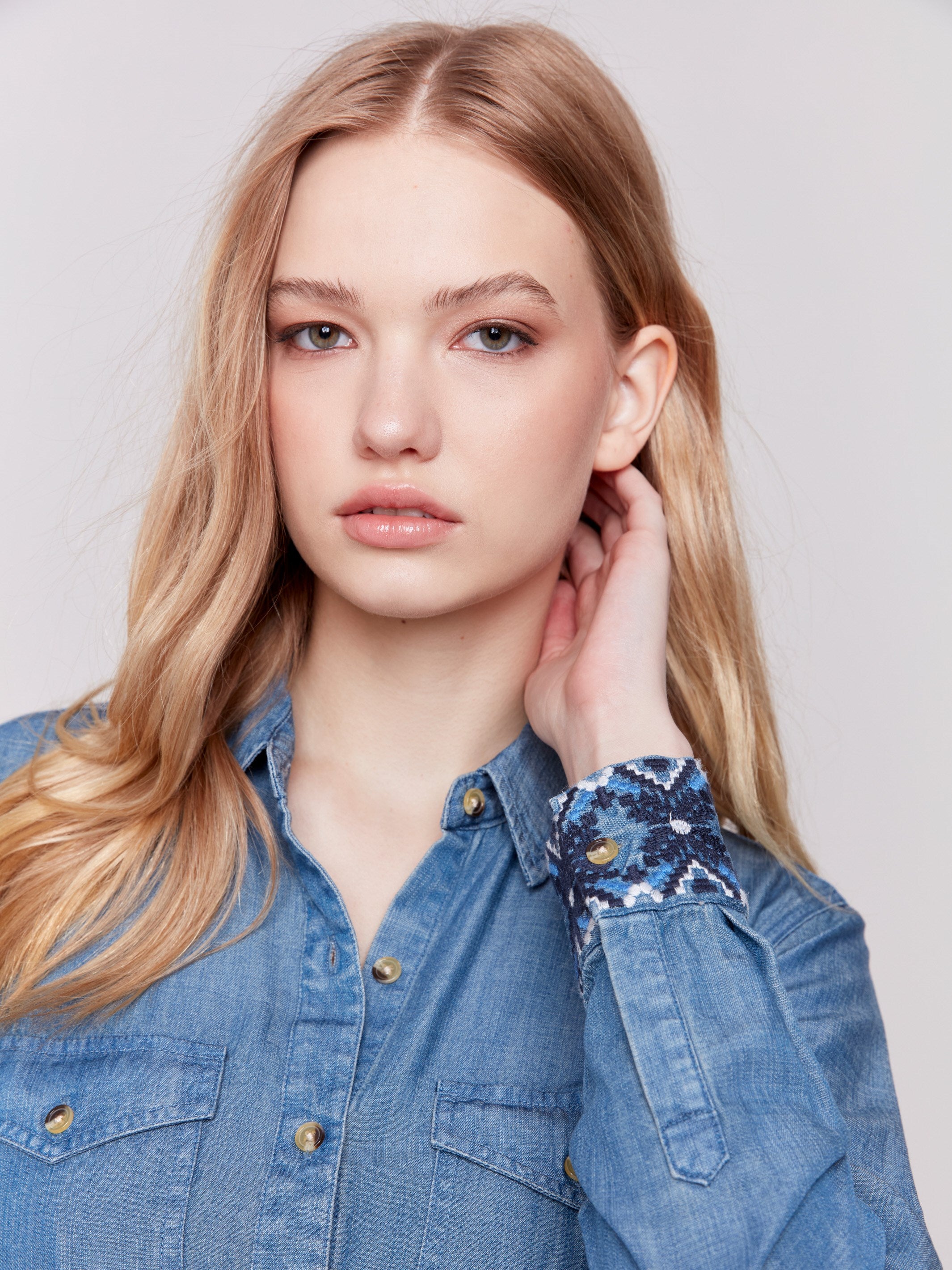 Charlie B Tencel Button Up Top Desert