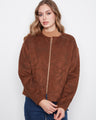 Brown faux suede bomber jacket with floral embroidery, featuring a short length and welt pockets by Charlie B.