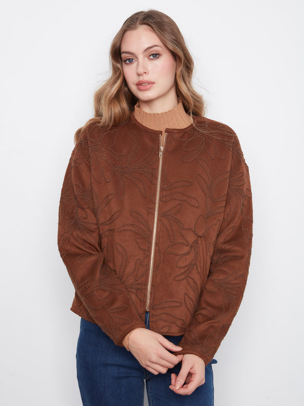 Embroidered Faux Suede Bomber Jacket - Brown