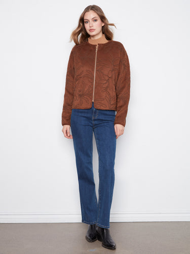 Embroidered brown faux suede bomber jacket, showcasing a stylish crew neckline and short length by Charlie B.