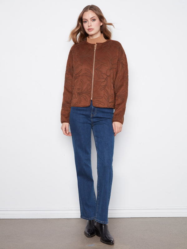 Embroidered Faux Suede Bomber Jacket - Brown