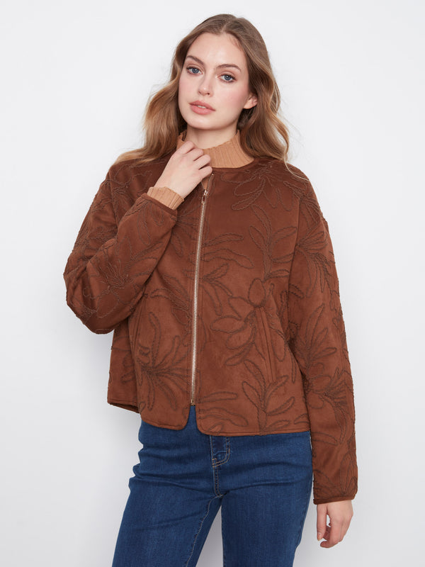 Embroidered Faux Suede Bomber Jacket - Brown