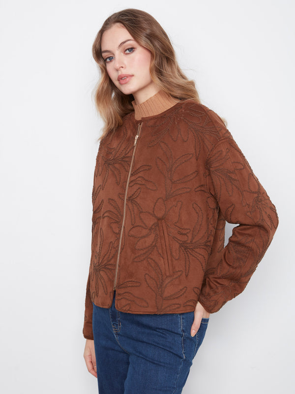 Embroidered Faux Suede Bomber Jacket - Brown