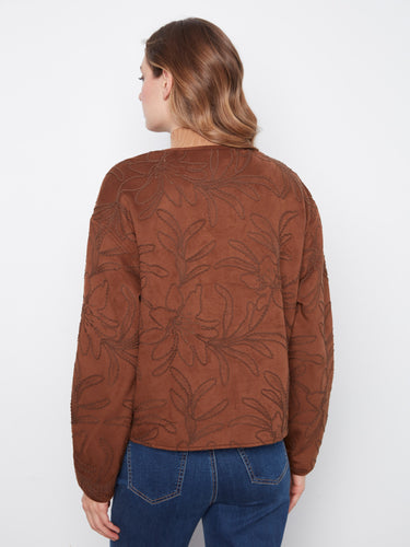 Brown embroidered faux suede bomber jacket featuring a chic crew neckline for added elegance by Charlie B.