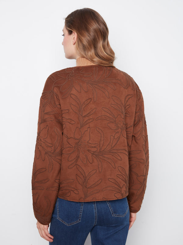 Embroidered Faux Suede Bomber Jacket - Brown