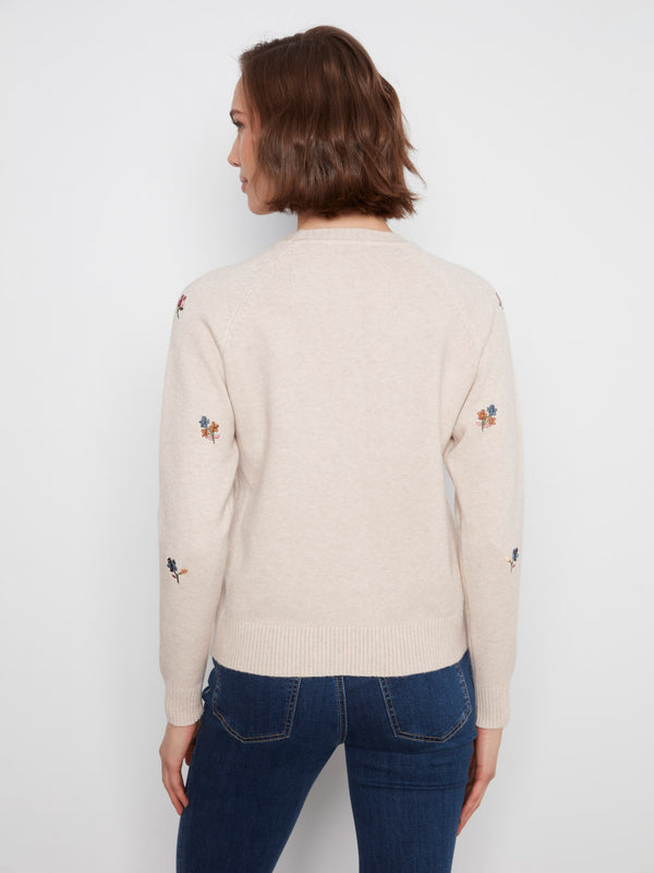 Embroidered Floral Raglan Sweater - Heather Almond