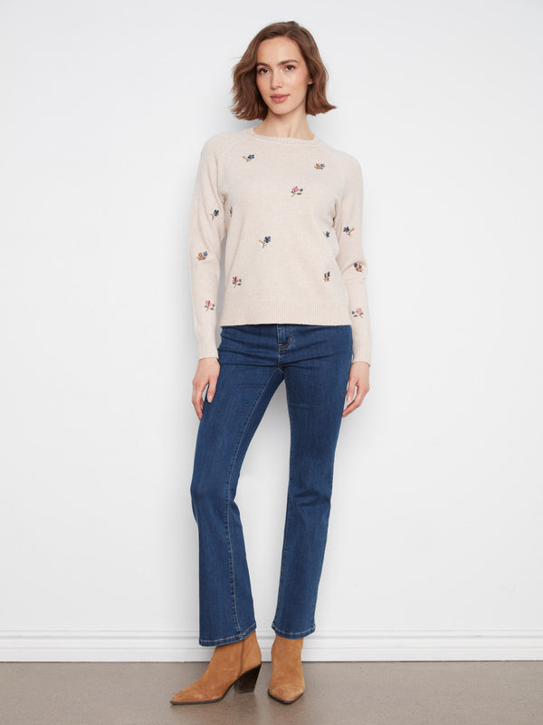 Embroidered Floral Raglan Sweater - Heather Almond