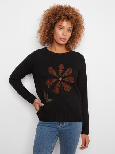 Stylish black sweater with intricate floral embroidery, ideal for casual outings by Charlie B.