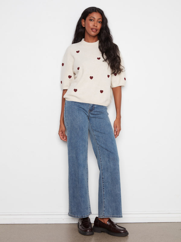 Embroidered Heart Balloon Elbow Sleeve Knit Sweater - Heather Oat