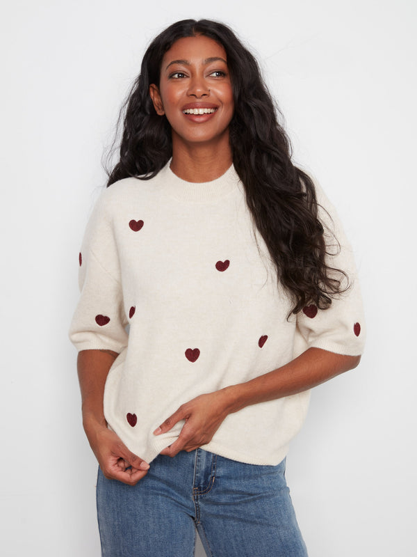 Embroidered Heart Balloon Elbow Sleeve Knit Sweater - Heather Oat