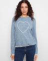 Blue sweater with heart embroidery, showcasing its crew neckline and ribbed cuffs for a stylish touch by Charlie B.