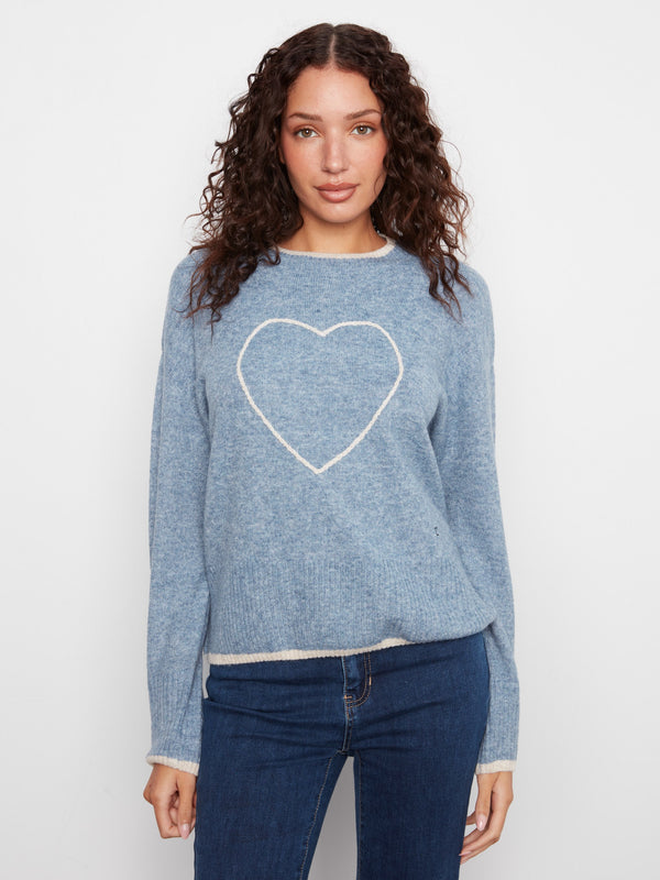 Blue sweater with heart embroidery, showcasing its crew neckline and ribbed cuffs for a stylish touch by Charlie B.