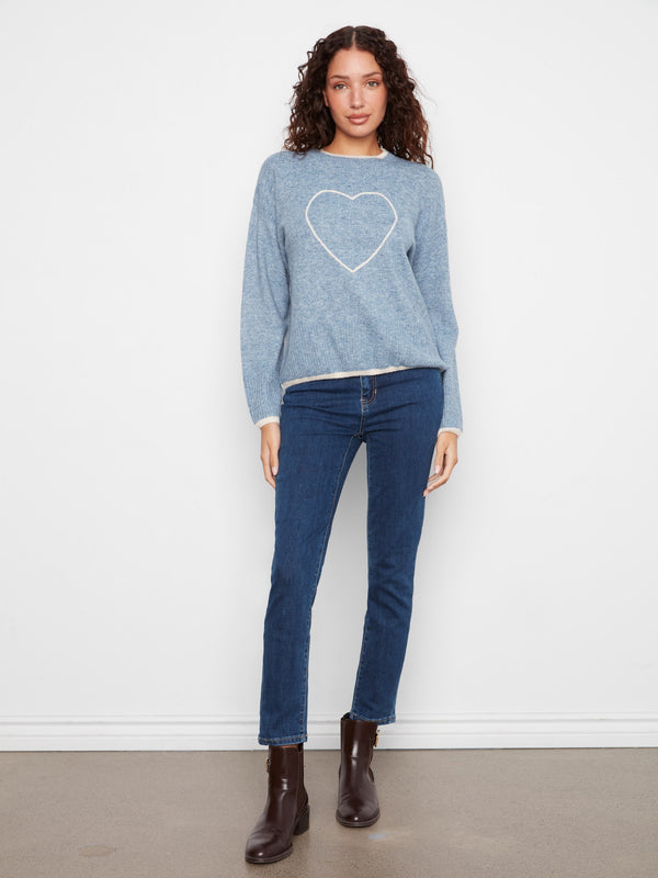 Embroidered Heart Sweater - Heather Storm