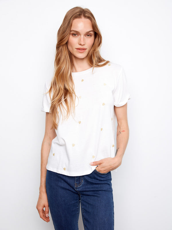 White T-shirt with a crew neckline and charming embroidered hearts, crafted from 100% cotton for comfort by Charlie B.