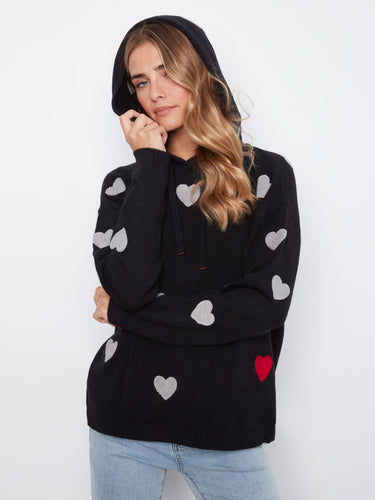 Stylish black hoodie adorned with embroidered hearts, featuring ribbed cuffs and hem for a cozy fit. By Charlie B.