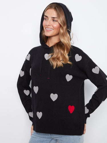 Elegant black hoodie decorated with hearts and designed with a convenient hood and drawstring detail. By Charlie B.