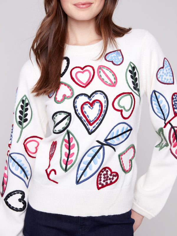 Embroidered Hearts & Leaves Sweater - Ecru