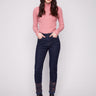 Ankle-length jeans in deep blue with intricate embroidered hem, offering a stylish touch and comfortable fit by Charlie B.